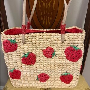 Strawberry Woven Tote Bag - Cream and Red